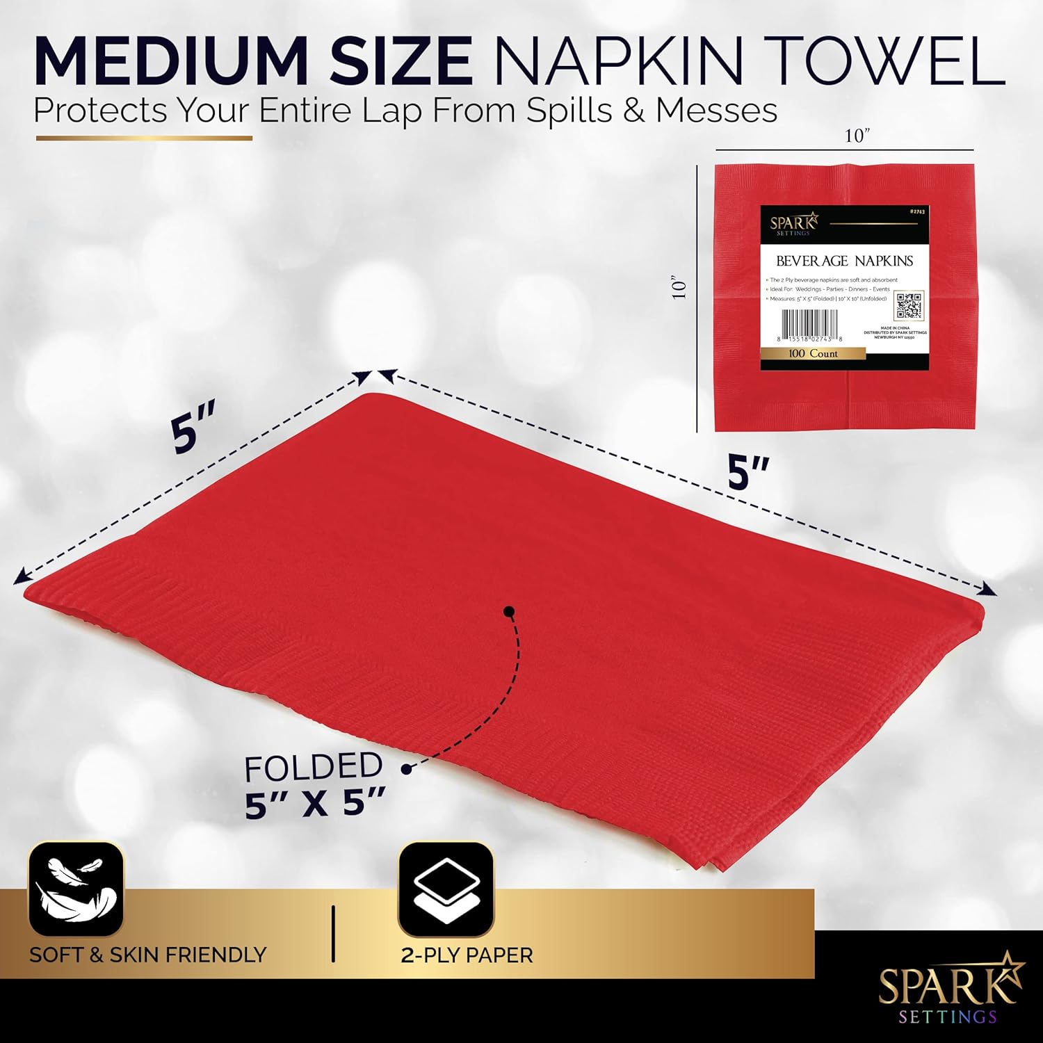 100 Pack Red Disposable Napkins 5x5 2 Ply by Amcrate