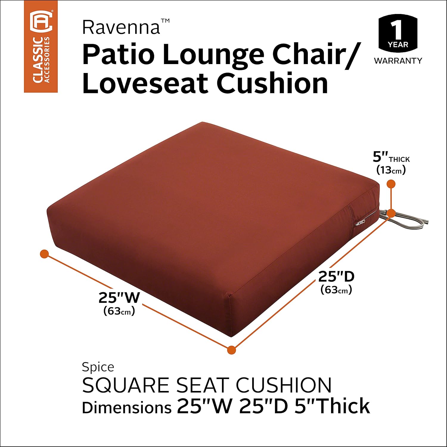 Classic Accessories Ravenna 25x25x5 Inch Water-Resistant Square Seat Cushion Slip Cover