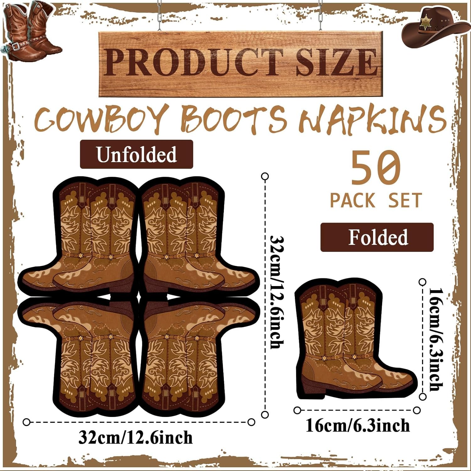 50 Pcs Cowboy Boot Shaped Napkins for Western Parties
