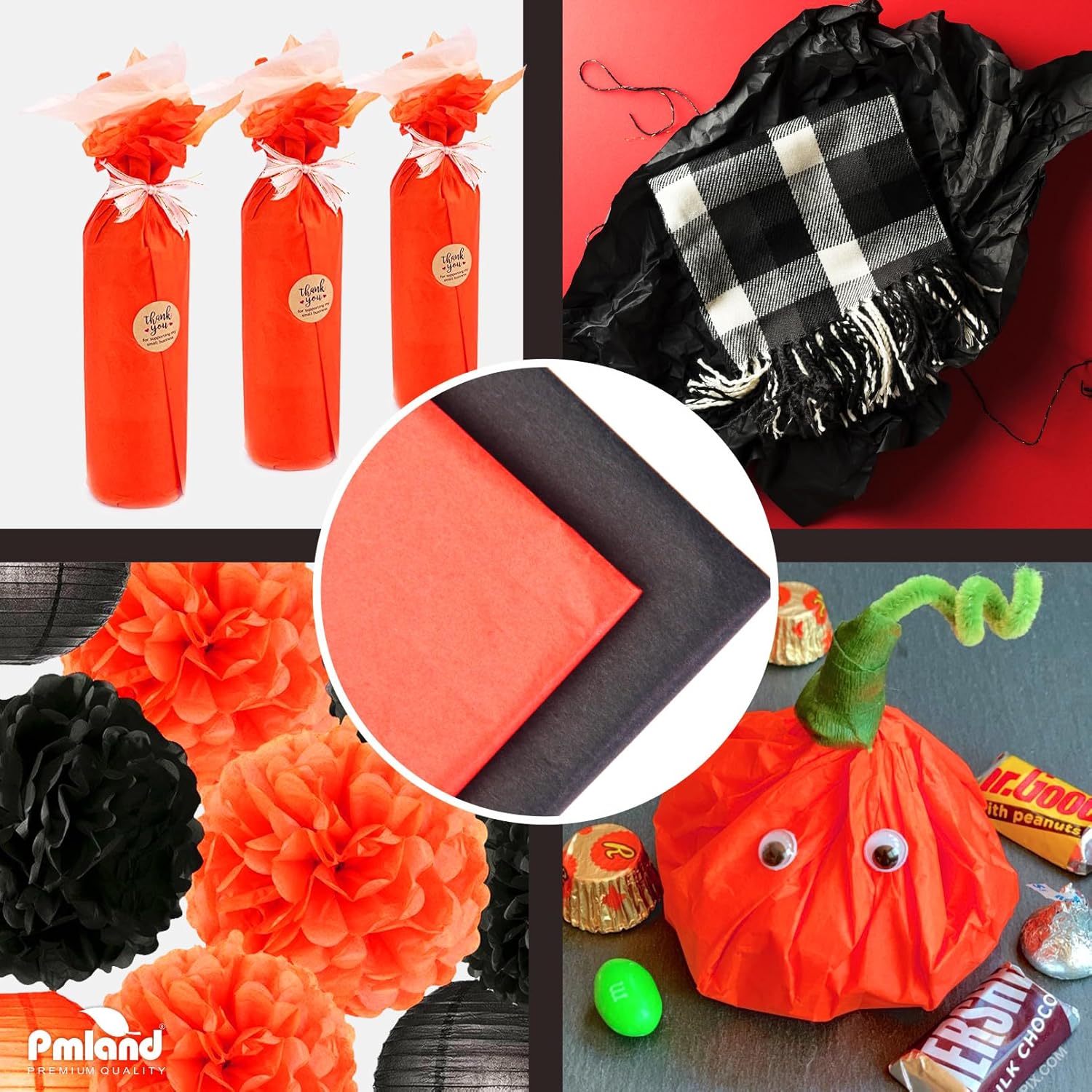 PMLAND Gift Wrapping Tissue Paper Black Orange 20x26 60 Sheets