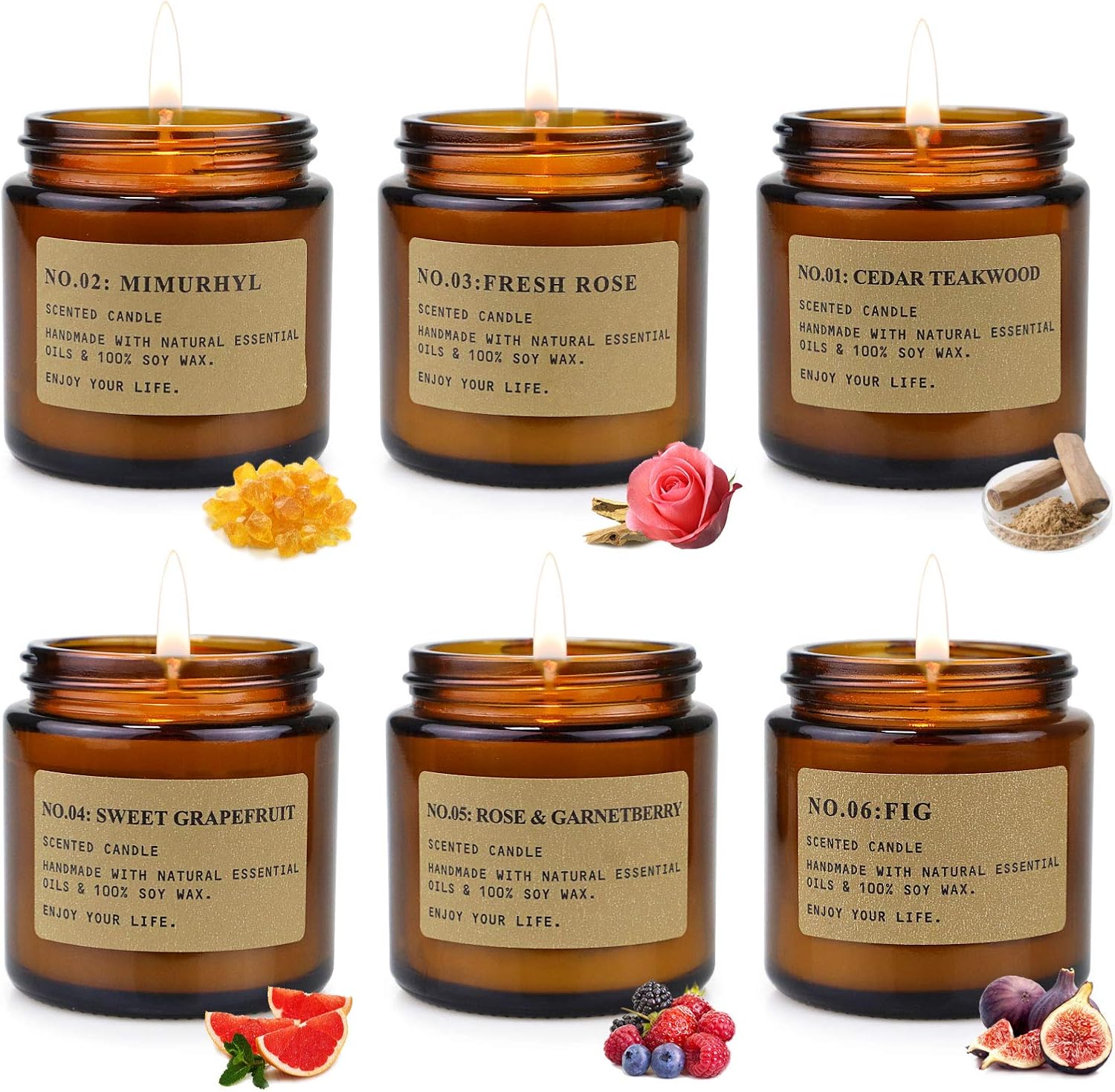 6 Pack Amber Jar Soy Candles Gift Set for Women
