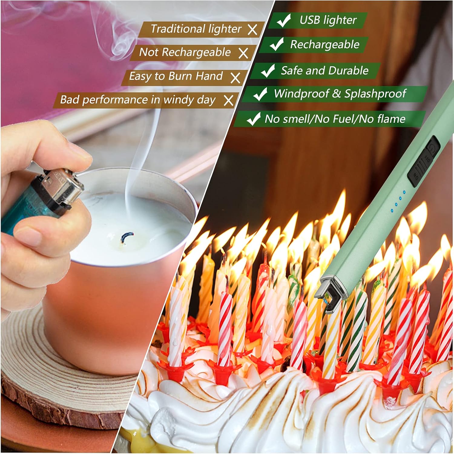 Electric Candle Lighter - Windproof Rechargeable Flameless Green USB