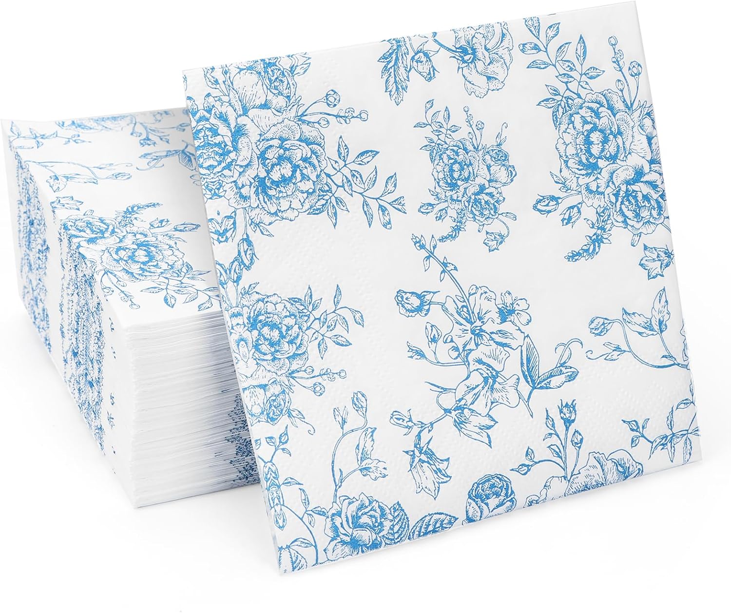 100 Pack Blue Floral Cocktail Napkins for Parties and Events