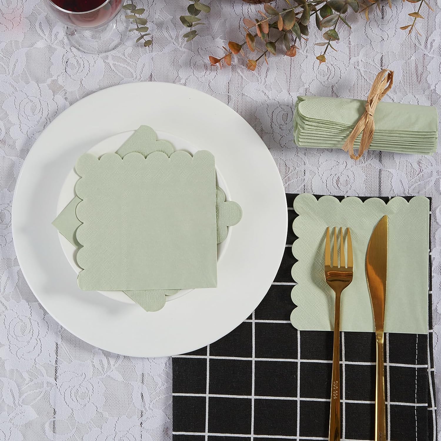 100 Pack Scalloped Edged Cocktail Napkins Sage Green