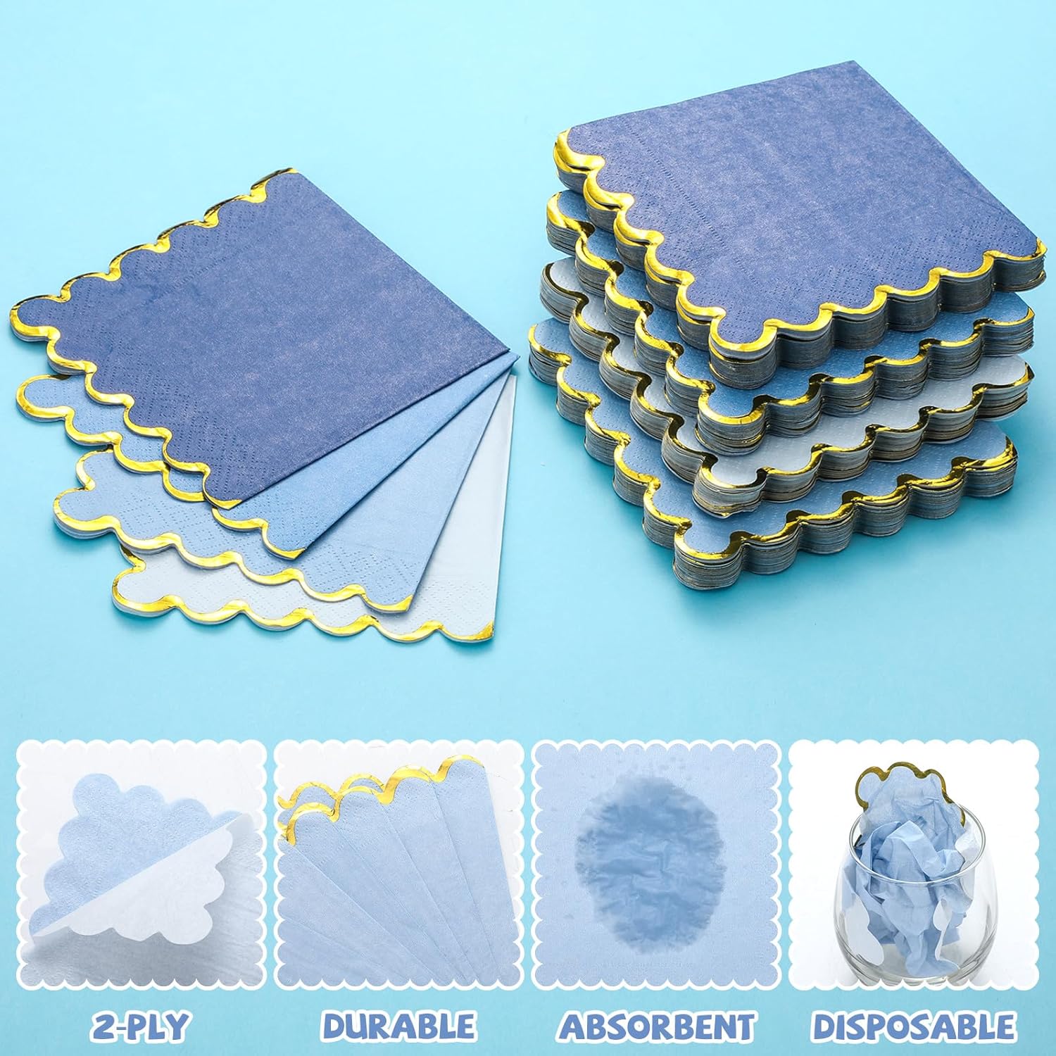 100 Pack Scalloped Blue Cocktail Napkins with Gold Foil