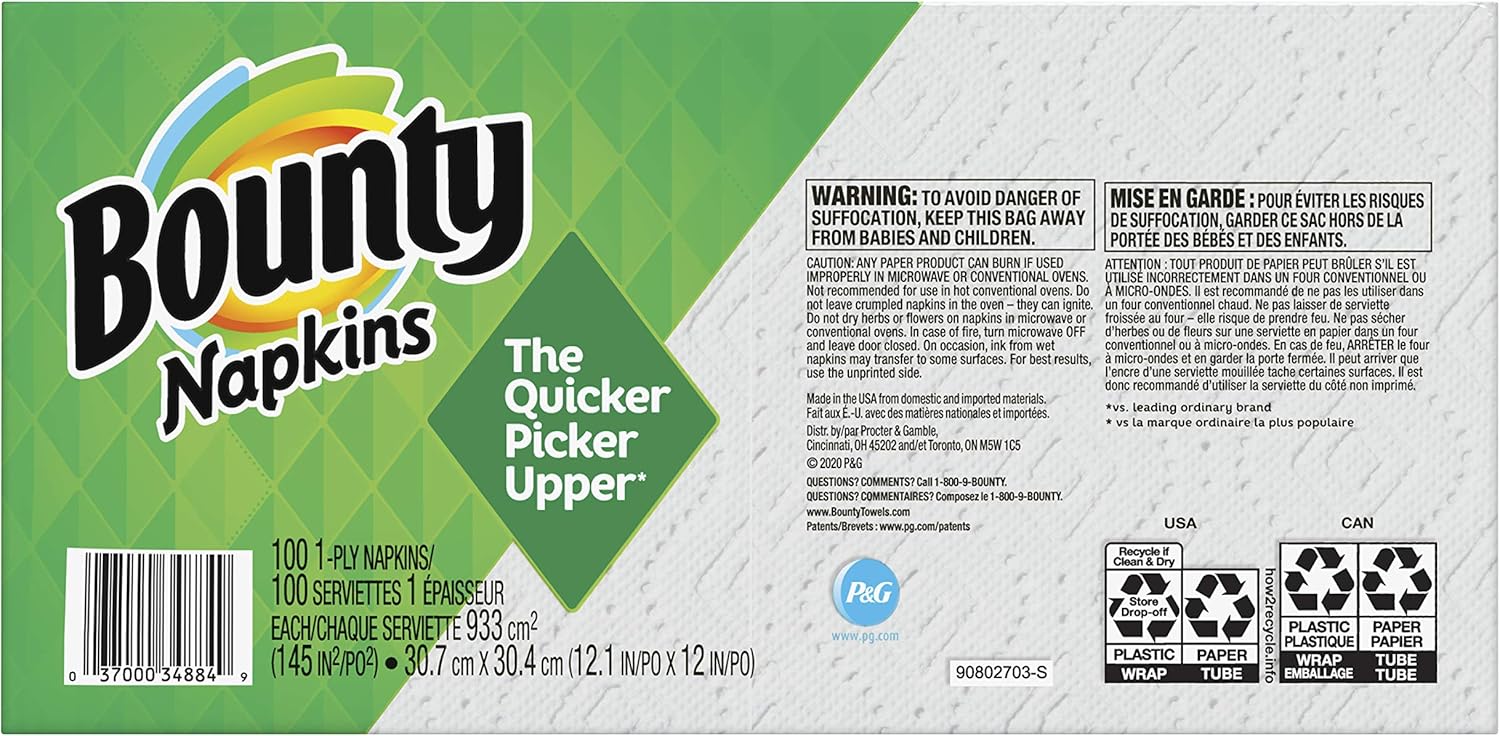 Bounty Quilted Napkins 1 Ply White 100 Pack
