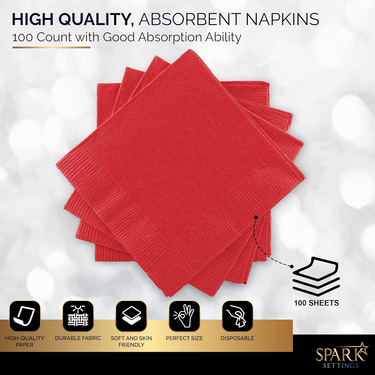 100 Pack Red Disposable Napkins 5x5 2 Ply by Amcrate