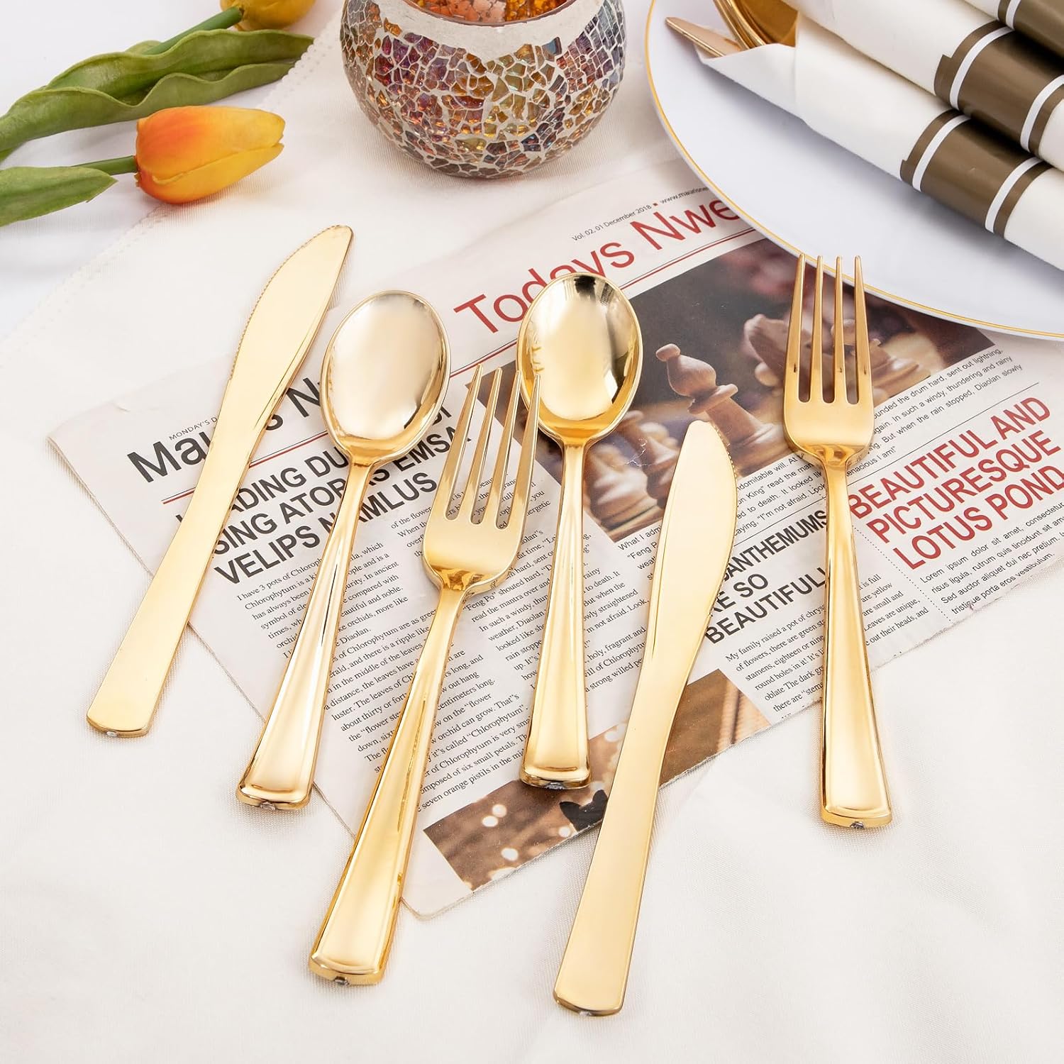 Supernal 120 Piece Gold Plastic Cutlery Set with Napkins