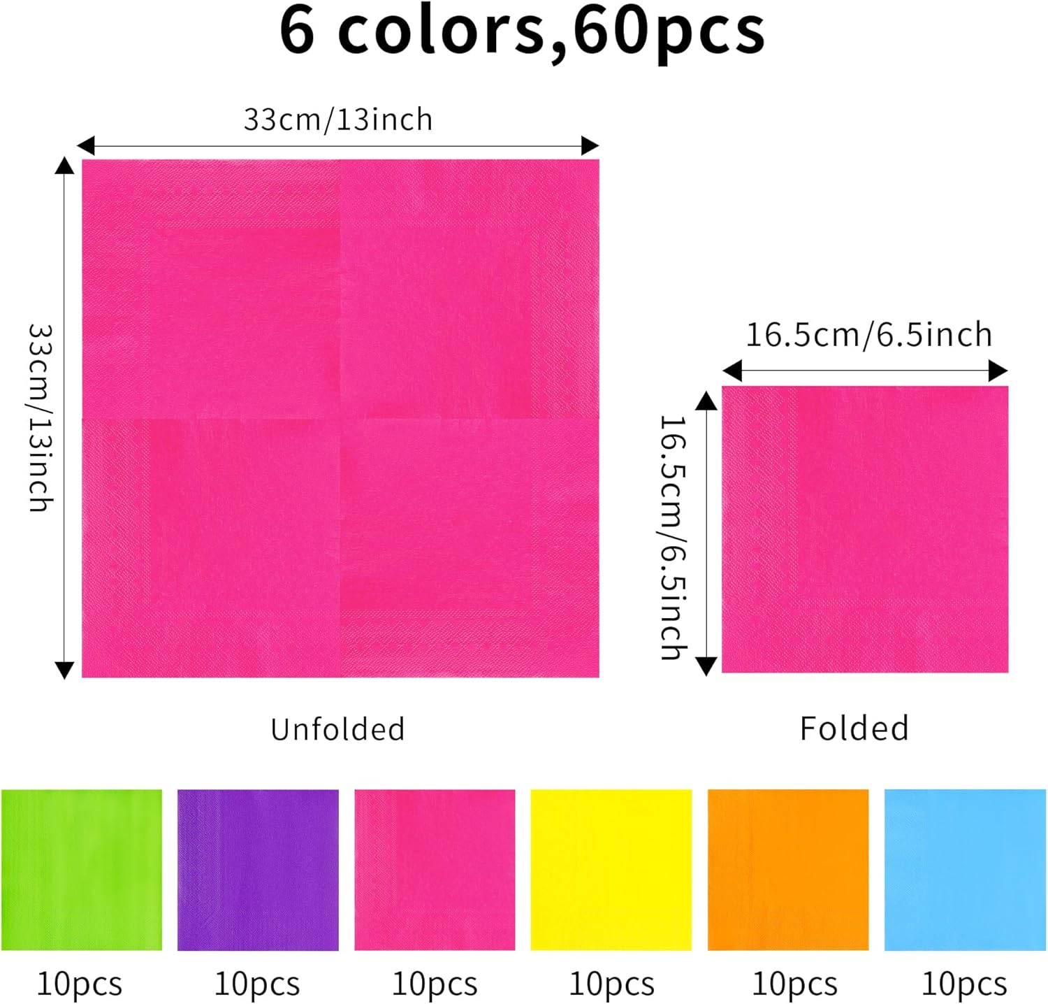60 Pack Neon Lunch Dinner Napkins 65x65 Inch 2-Ply