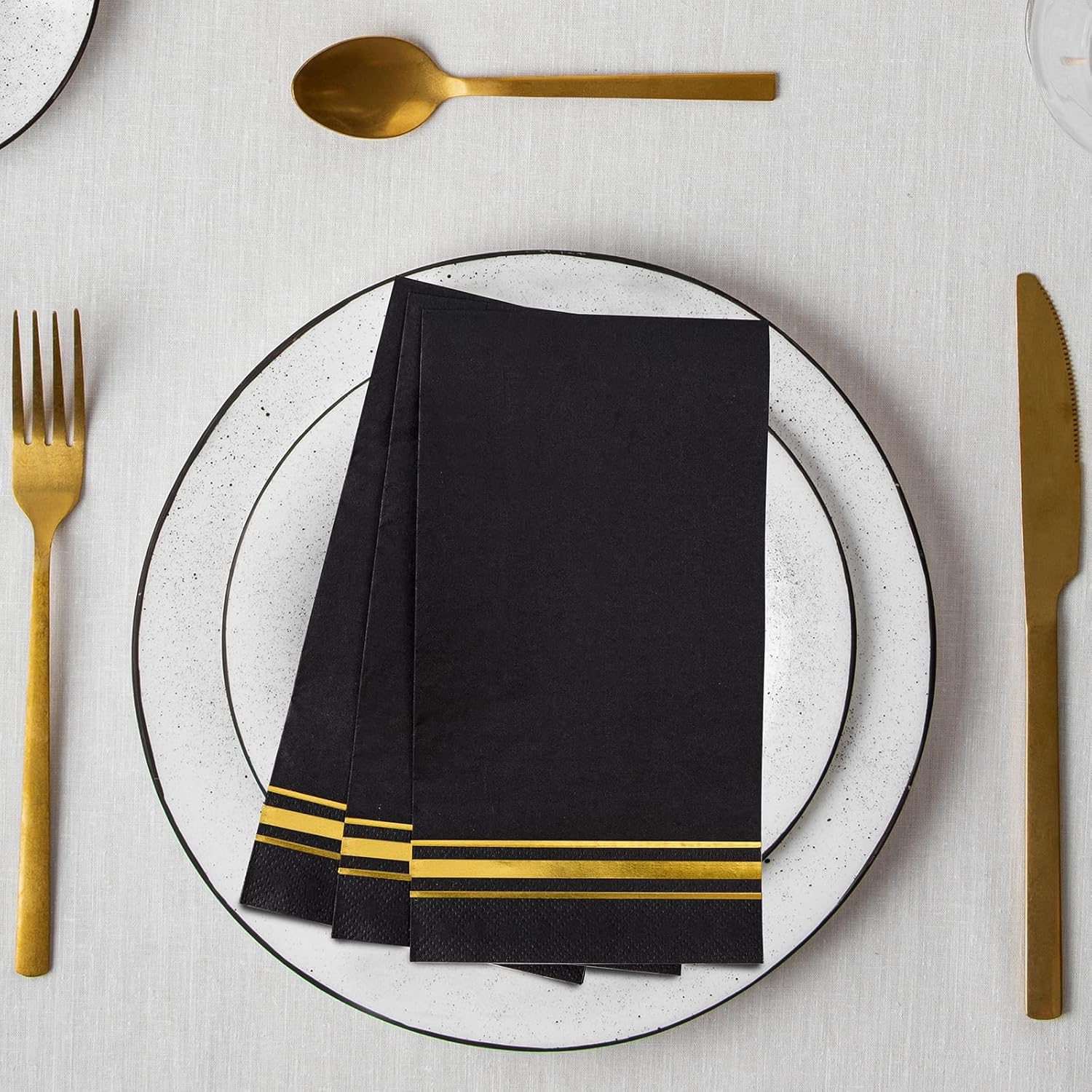 100 Gold Trim Lined Paper Napkins Black Elegant