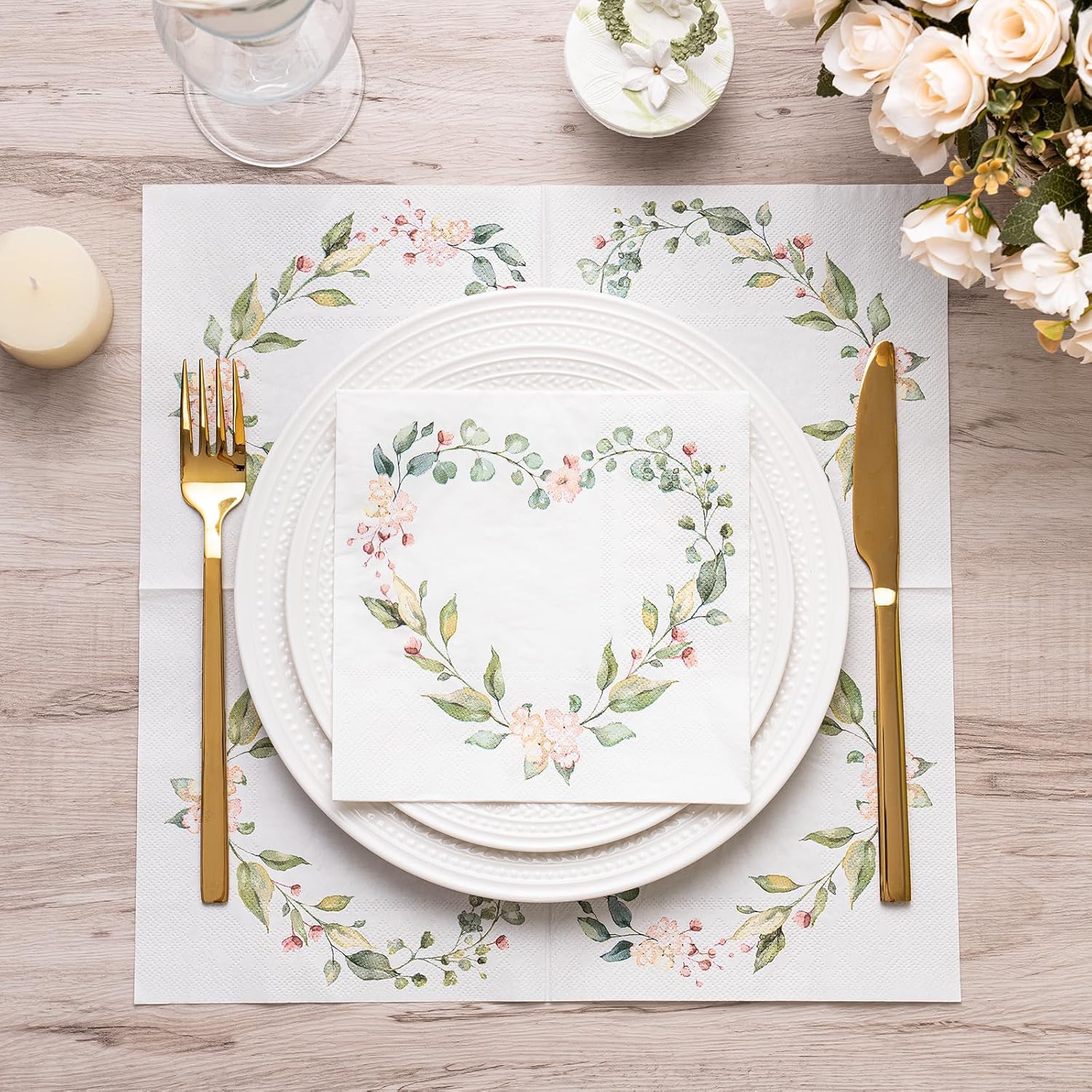 WRAPAHOLIC 50Pcs Floral Heart Napkins 65x65 In