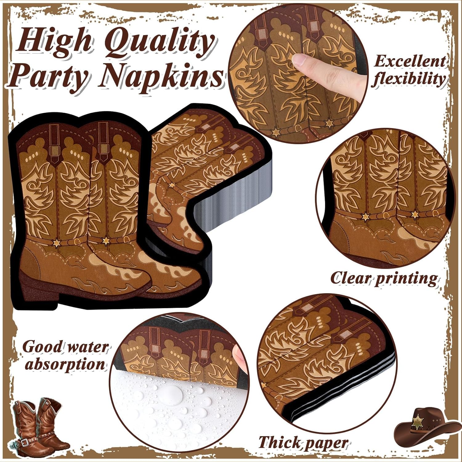 50 Pcs Cowboy Boot Shaped Napkins for Western Parties