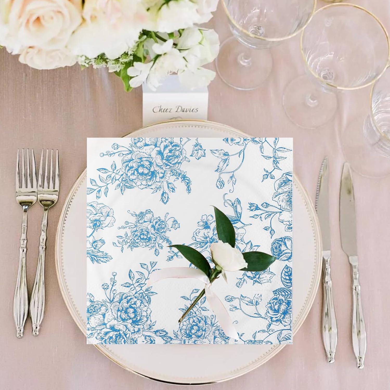 100 Pack Blue Floral Cocktail Napkins for Parties and Events