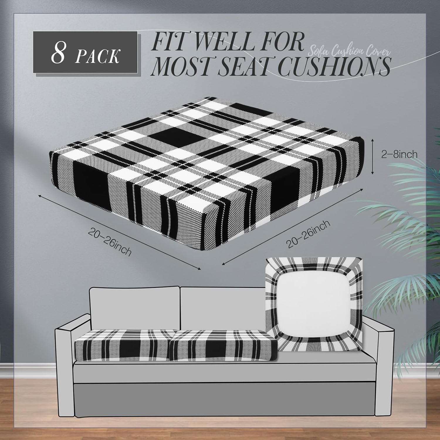 Newwiee 8 Pcs Stretch Plaid Chair Cushion Covers