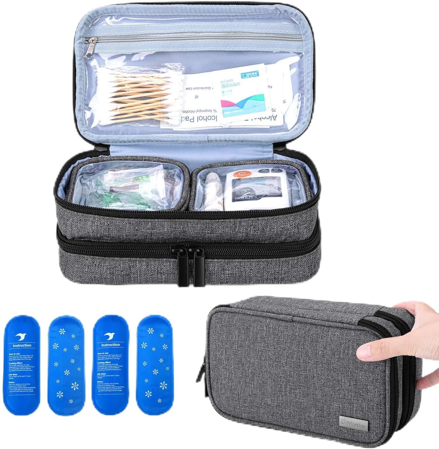 Yarwo Insulin Cooler Travel Case with 4 Ice Packs Gray
