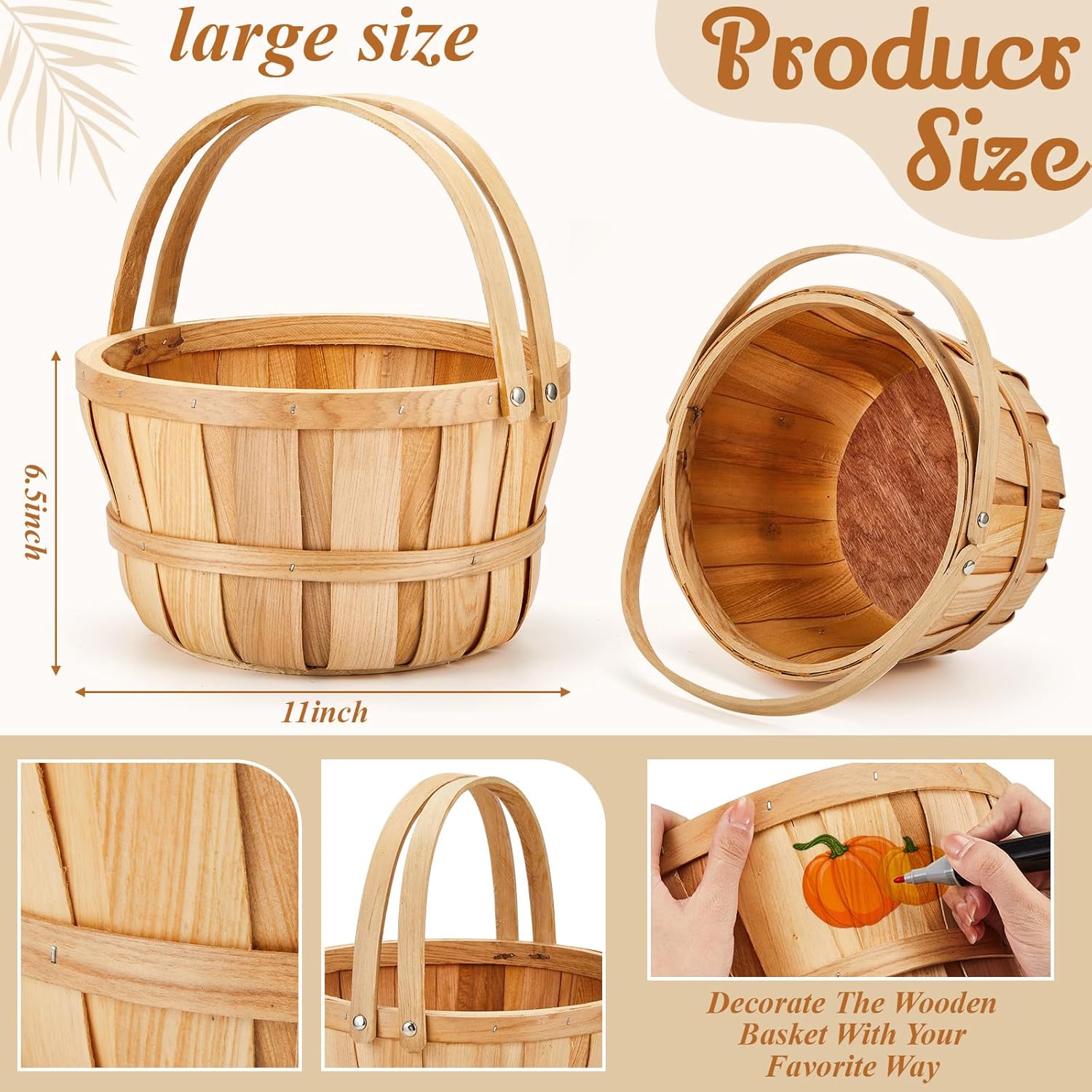 Marsui 6 Pcs Large Wooden Apple Basket with Handle
