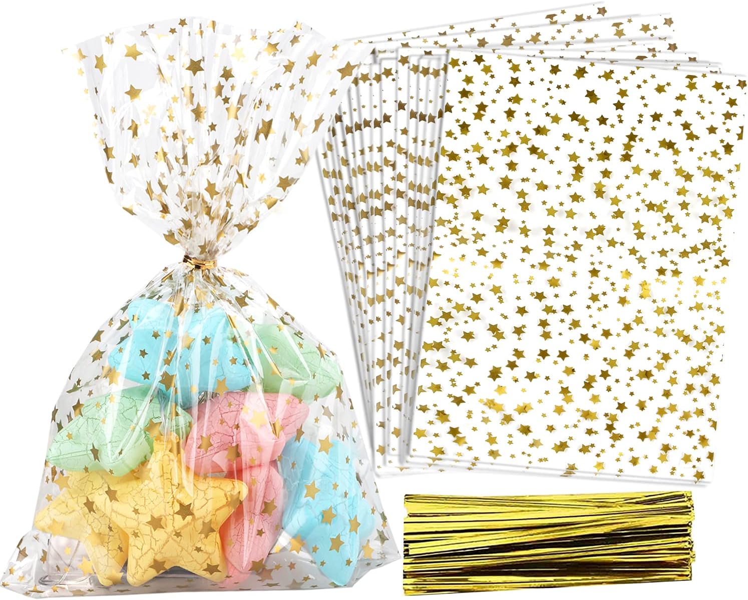 100 Pcs Gold Star 5X7 Gift Wrap Cello Bags
