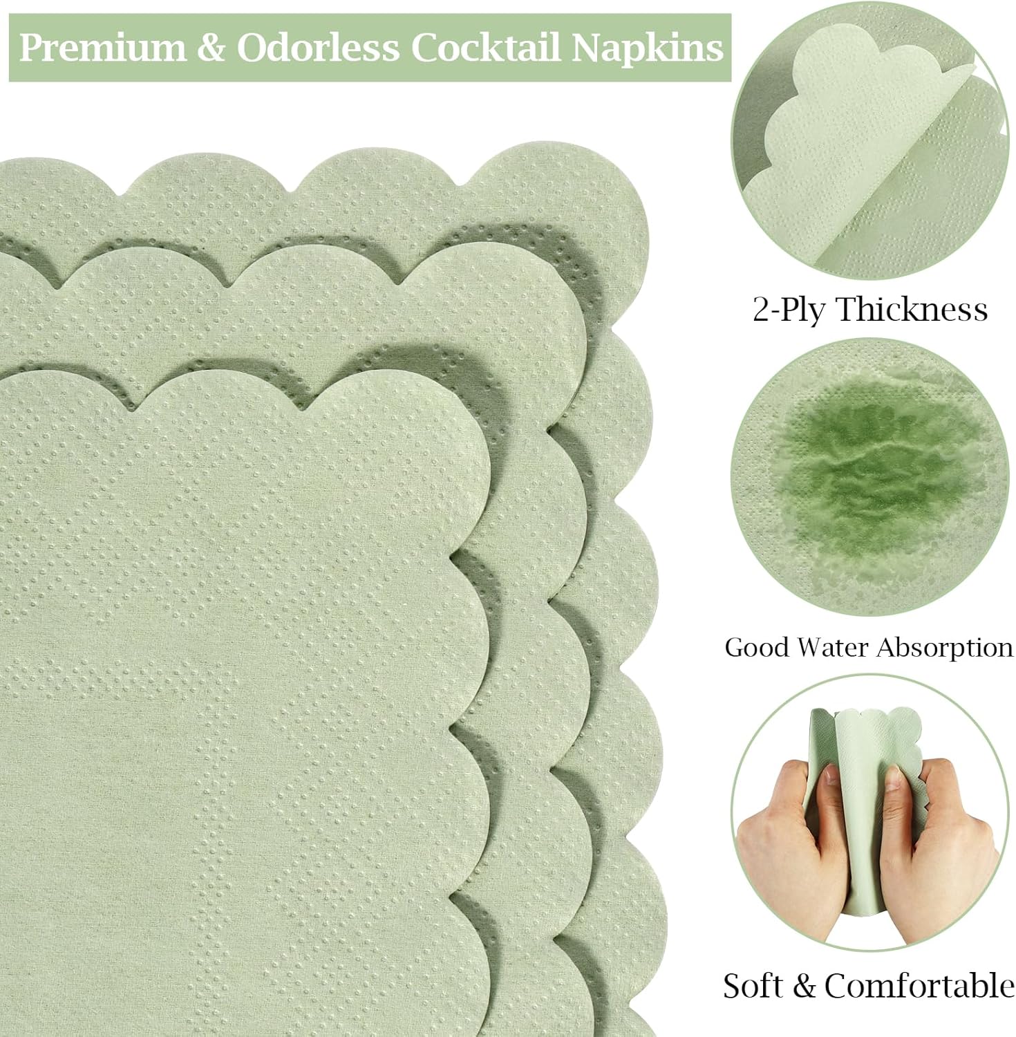 100 Pcs Sage Green Scalloped Napkins