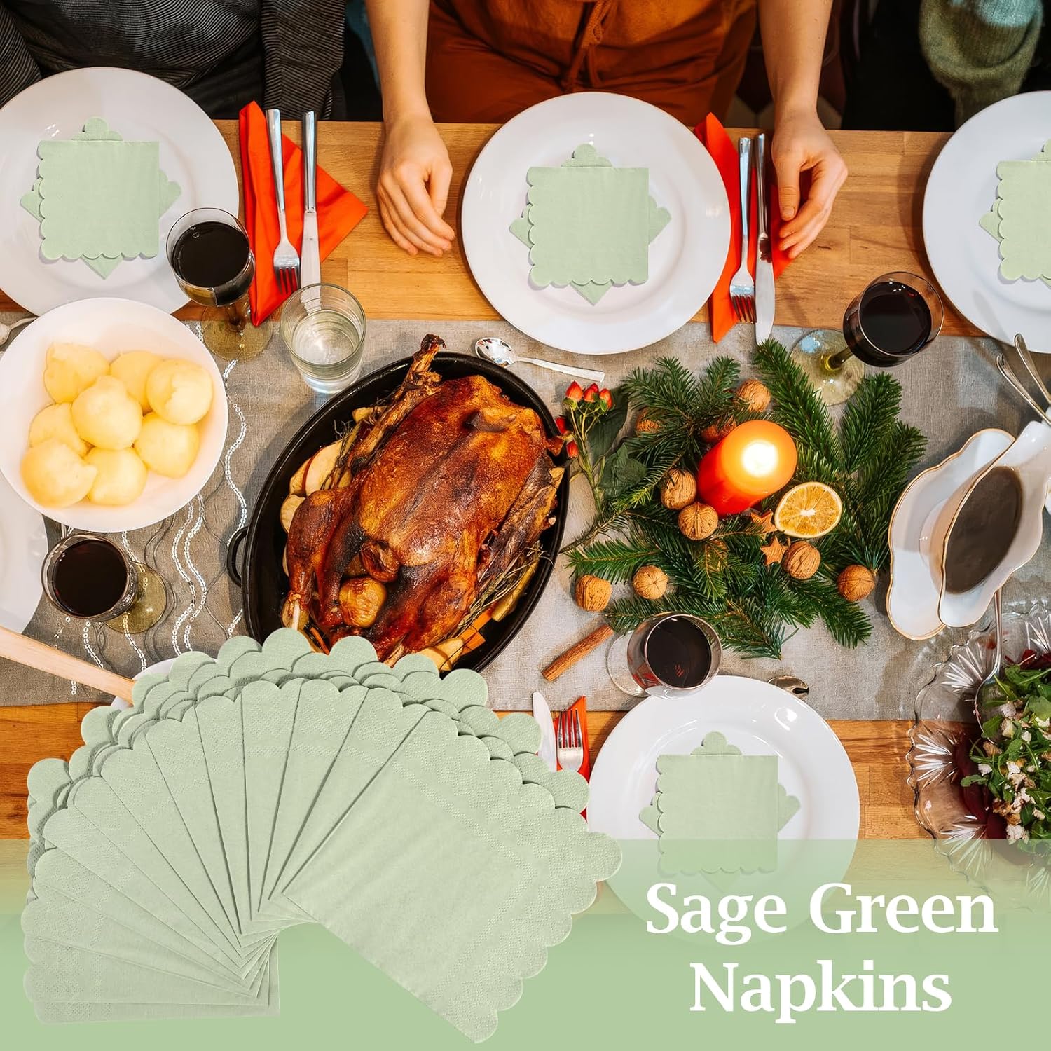 100 Pcs Sage Green Scalloped Napkins