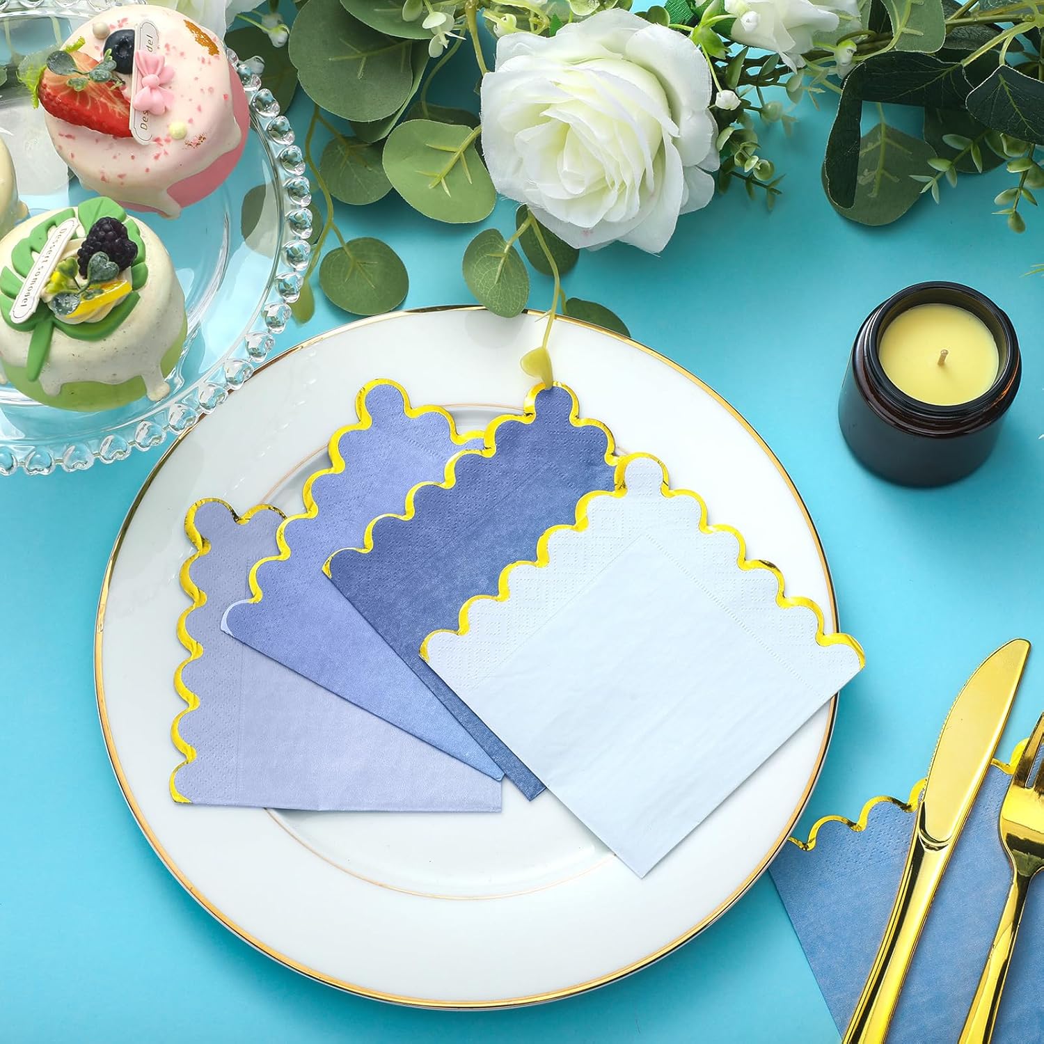 100 Pack Scalloped Blue Cocktail Napkins with Gold Foil