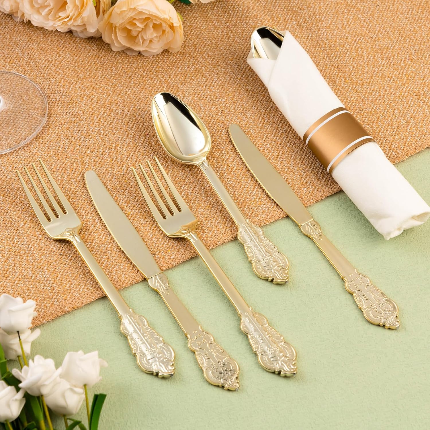 75PCS Gold Plastic Cutlery Set for 25 Guests