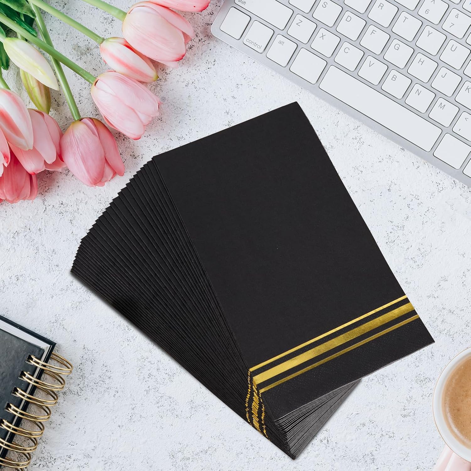 100 Gold Trim Lined Paper Napkins Black Elegant