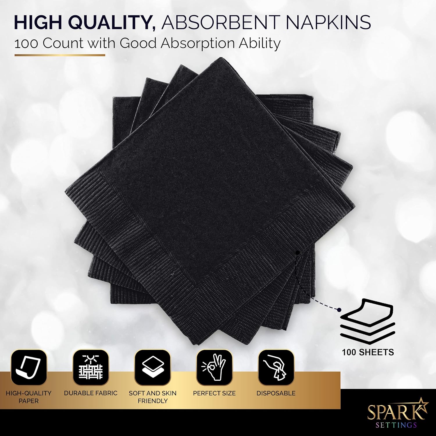 100 Pack Black Beverage Napkins 5x5 Inch 2 Ply by Amcrate