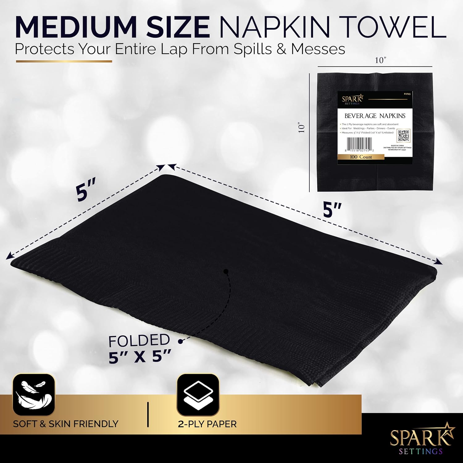 100 Pack Black Beverage Napkins 5x5 Inch 2 Ply by Amcrate