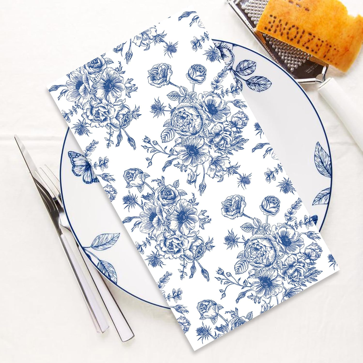 50 Pack Blue Floral Paper Napkins for Parties and Home Use