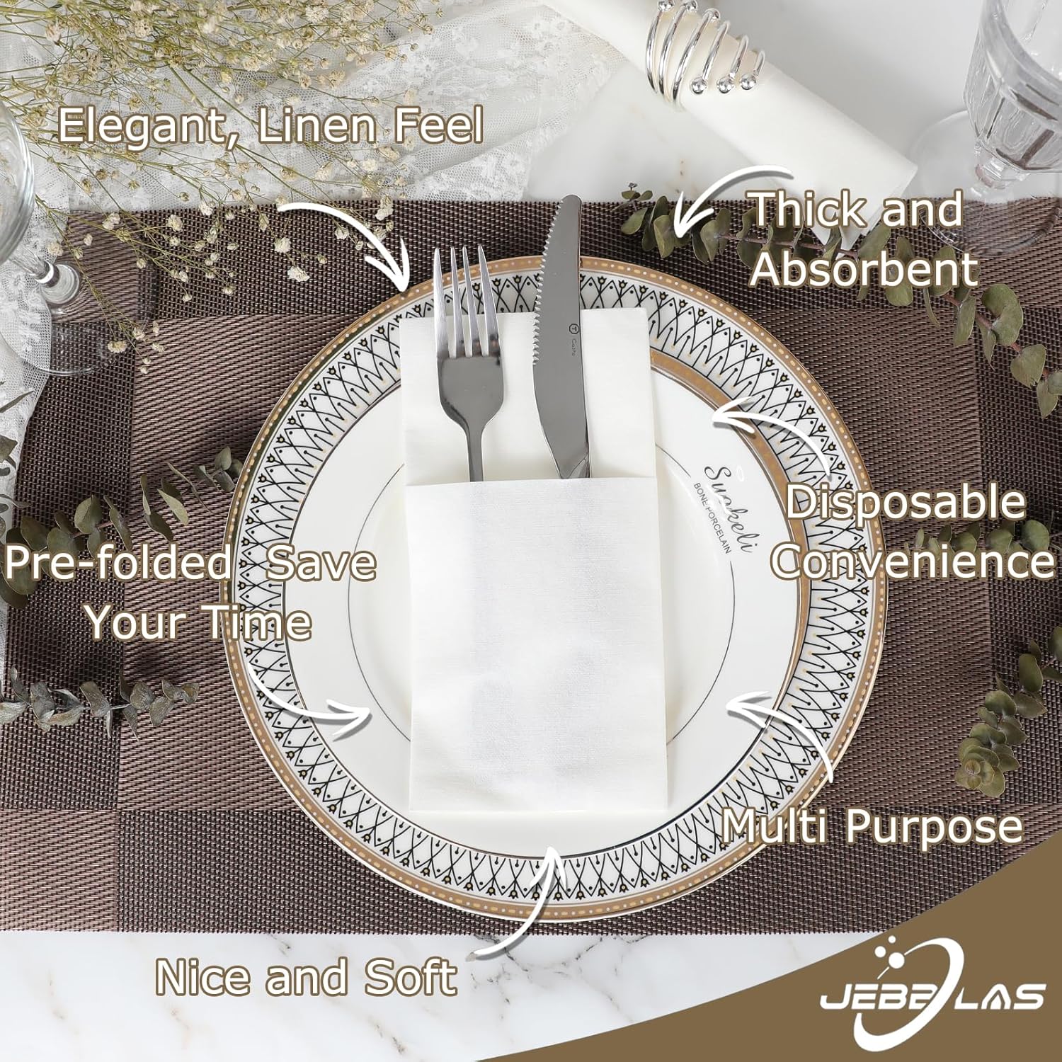 JEBBLAS Disposable Napkins with Built-in Flatware Pocket 50 Count