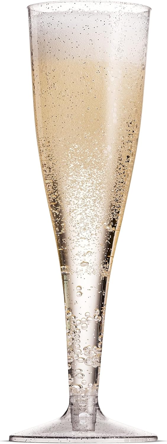 100 Plastic Champagne Flutes 5 Oz Disposable Silver Glitter Glasses for Parties