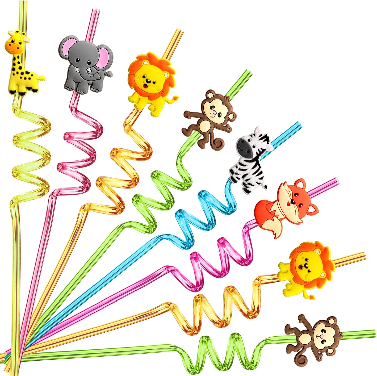 24 Reusable Jungle Animal Straws with Brushes