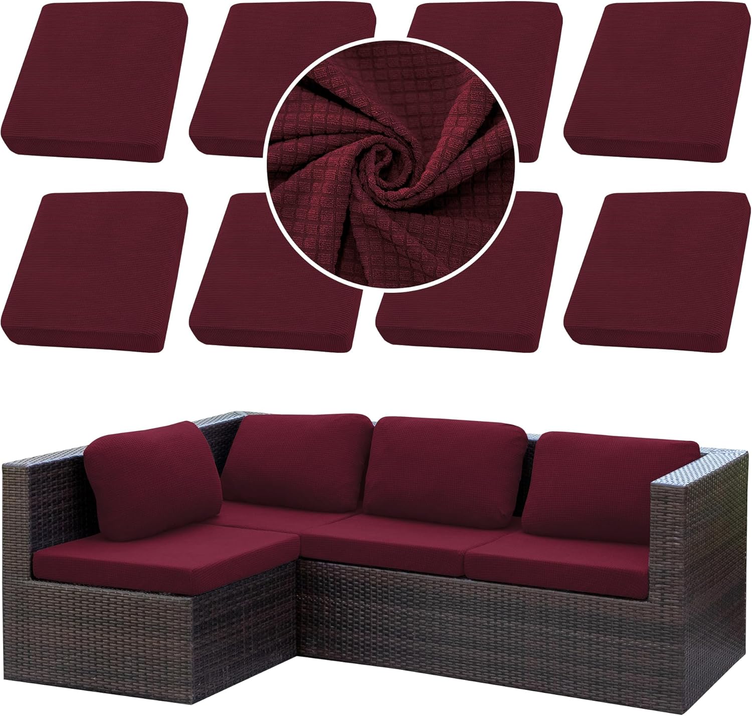 8Pcs Stretch Wine Red Patio Cushion Covers