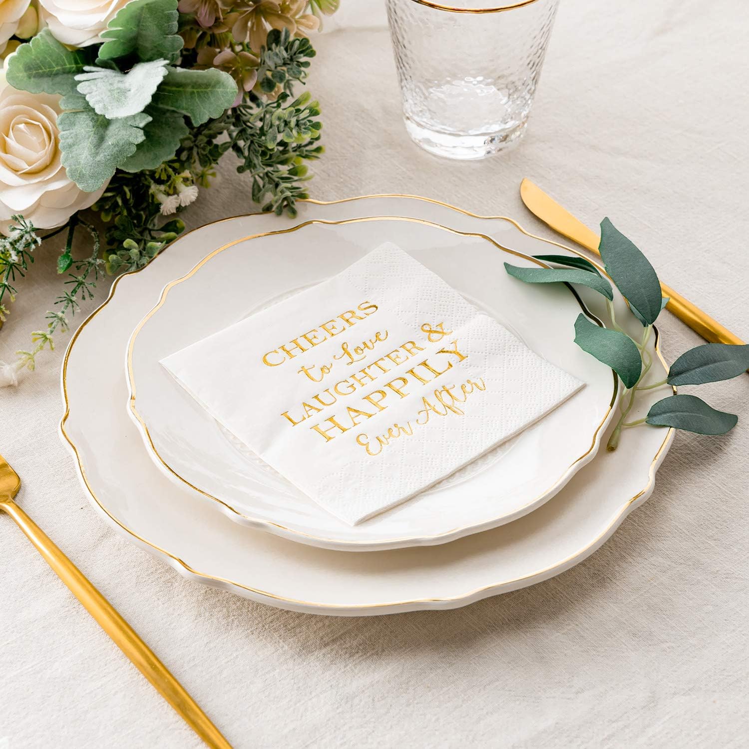 Crisky 50 Count Gold Foil Text Napkins for Wedding Engagement Parties