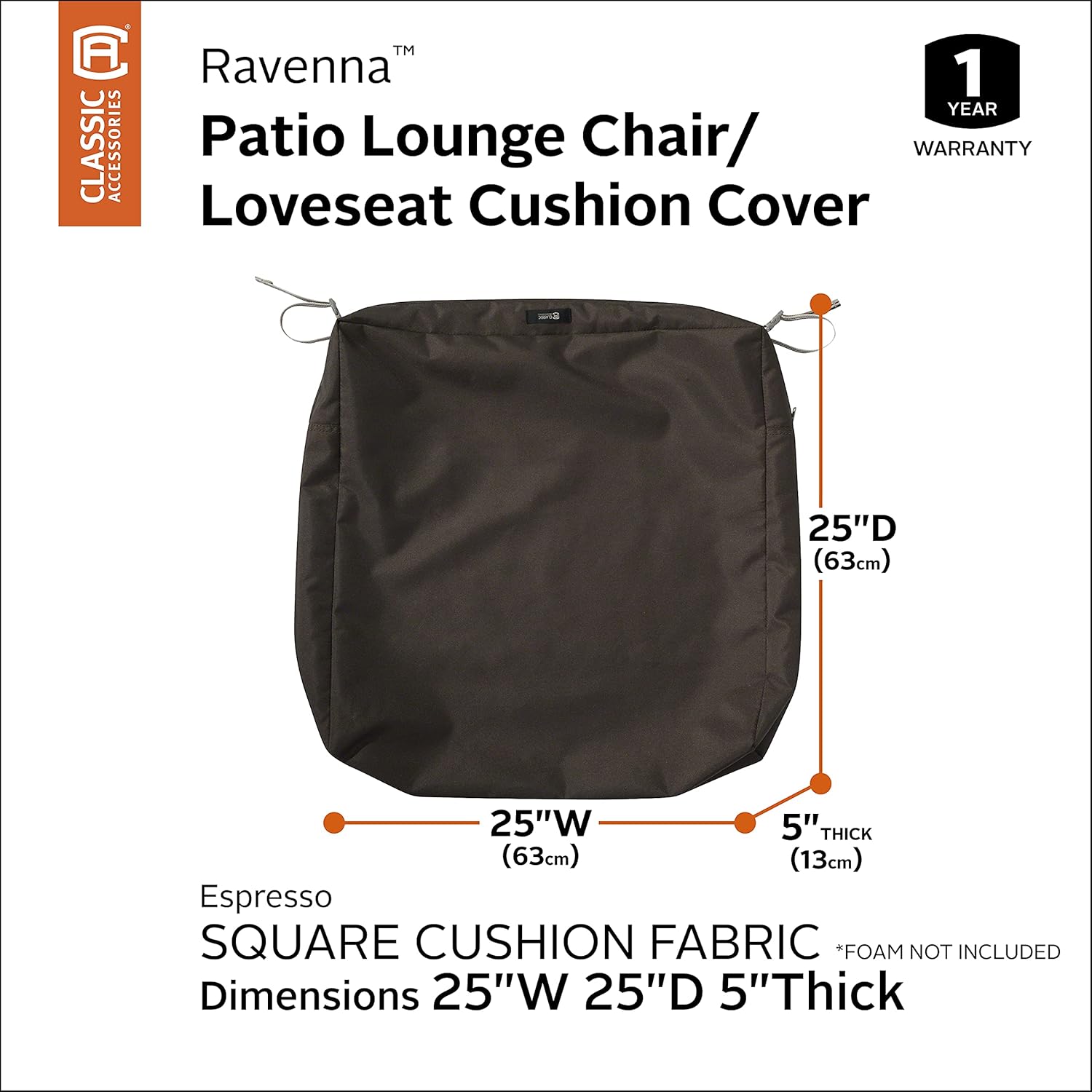 Classic Accessories Ravenna Water-Resistant 25x25x5 Inch Outdoor Seat Cushion Cover