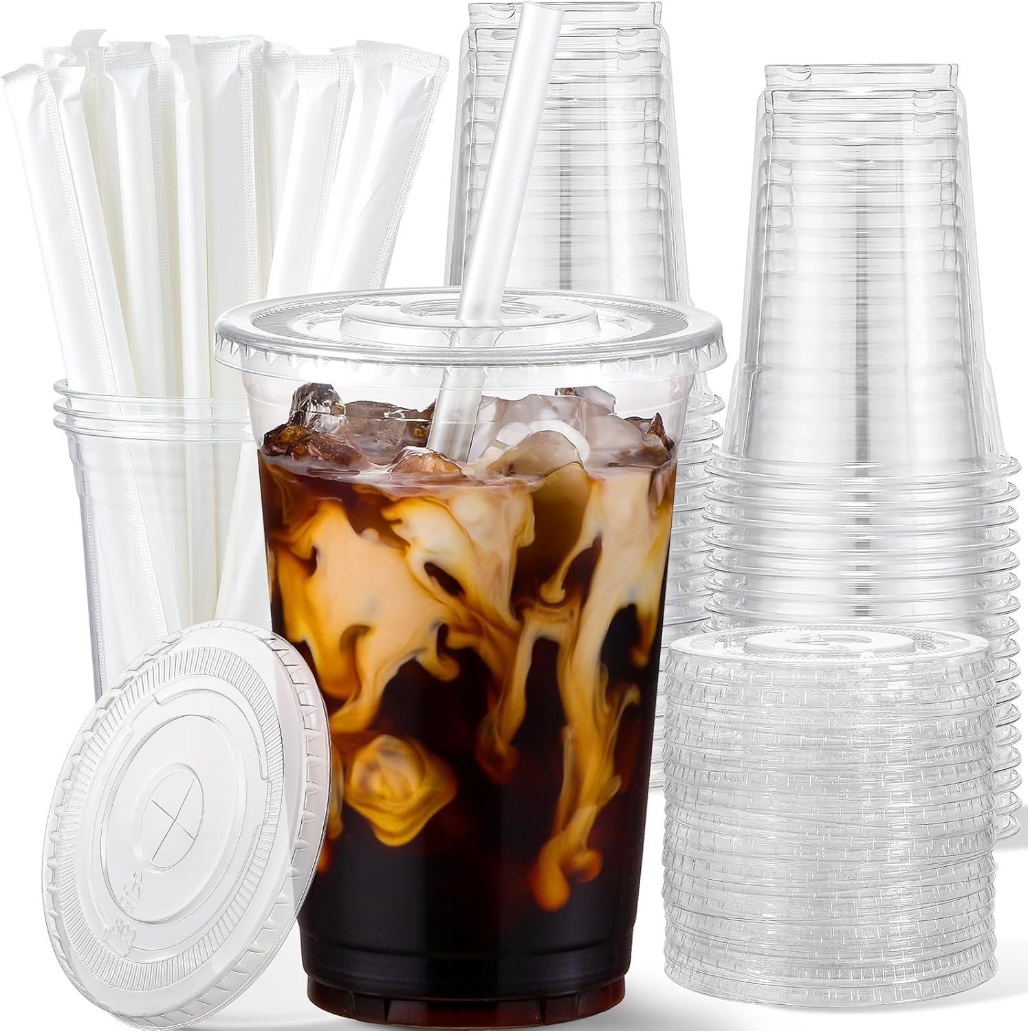 AOZITA 25 Pack 16 oz Plastic Cups with Lids and Straws