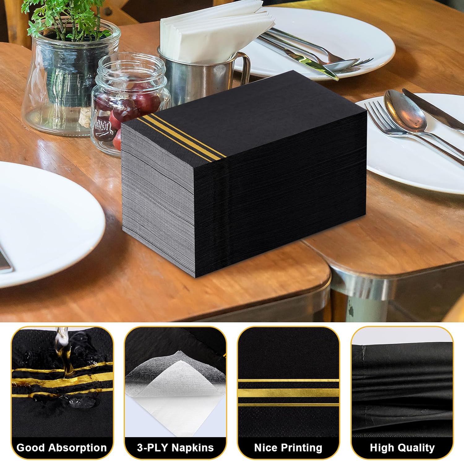 100 Gold Trim Lined Paper Napkins Black Elegant