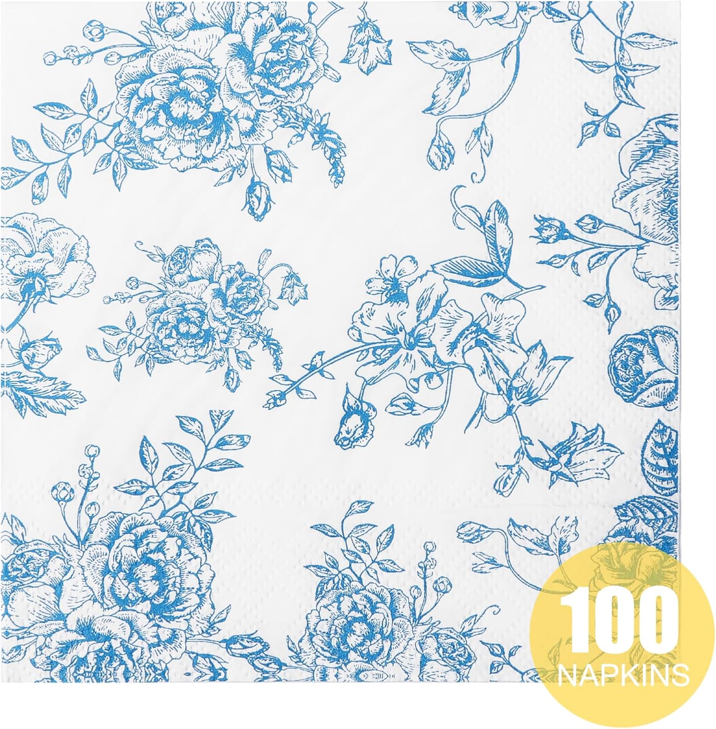 100 Pack Blue Floral Cocktail Napkins for Parties and Events