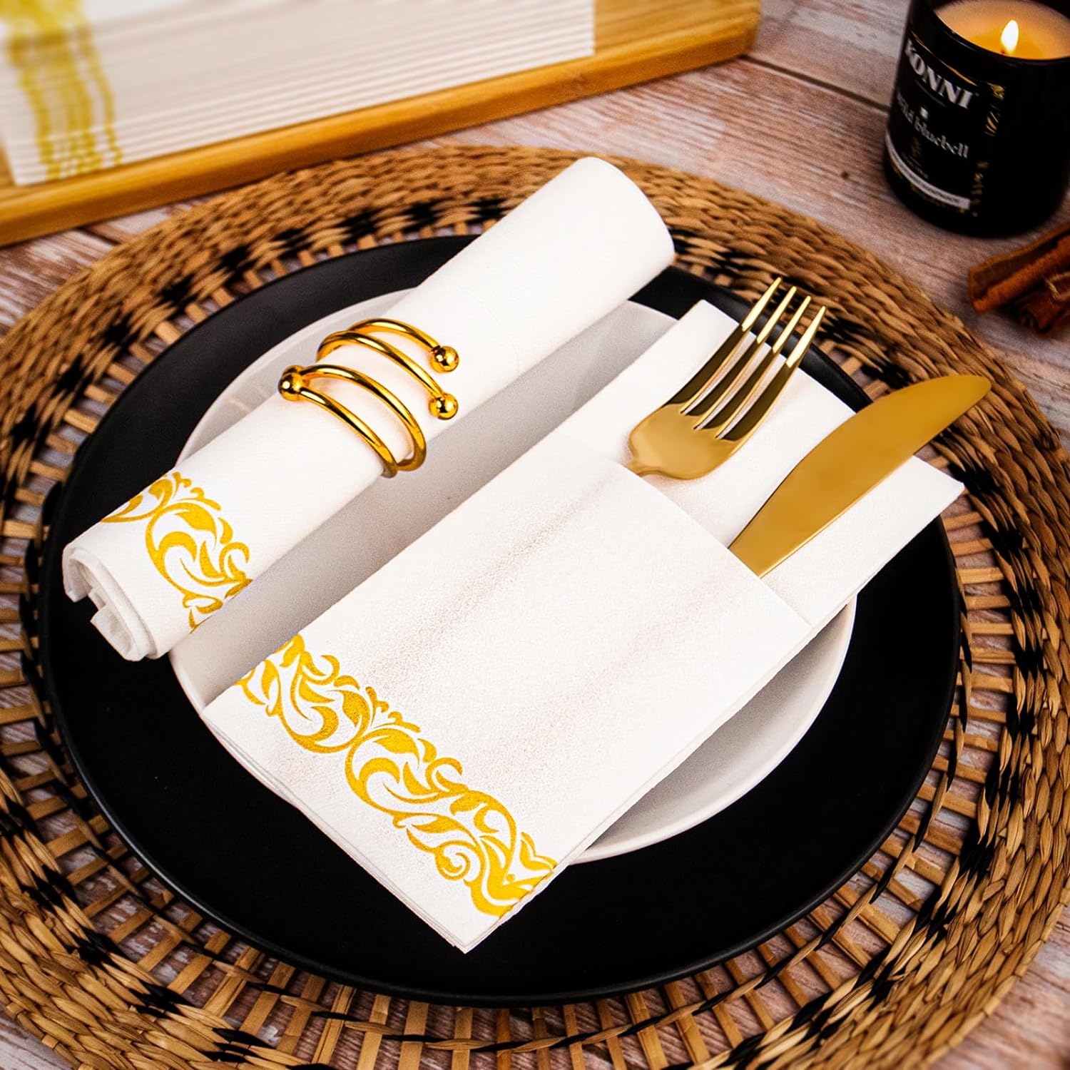 KAMMAK Premium Disposable Napkins 100 Pack Yellow Trim