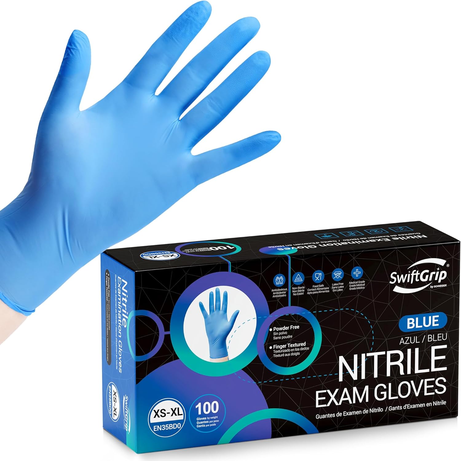 SwiftGrip Disposable Nitrile Exam Gloves Blue 100 Ct