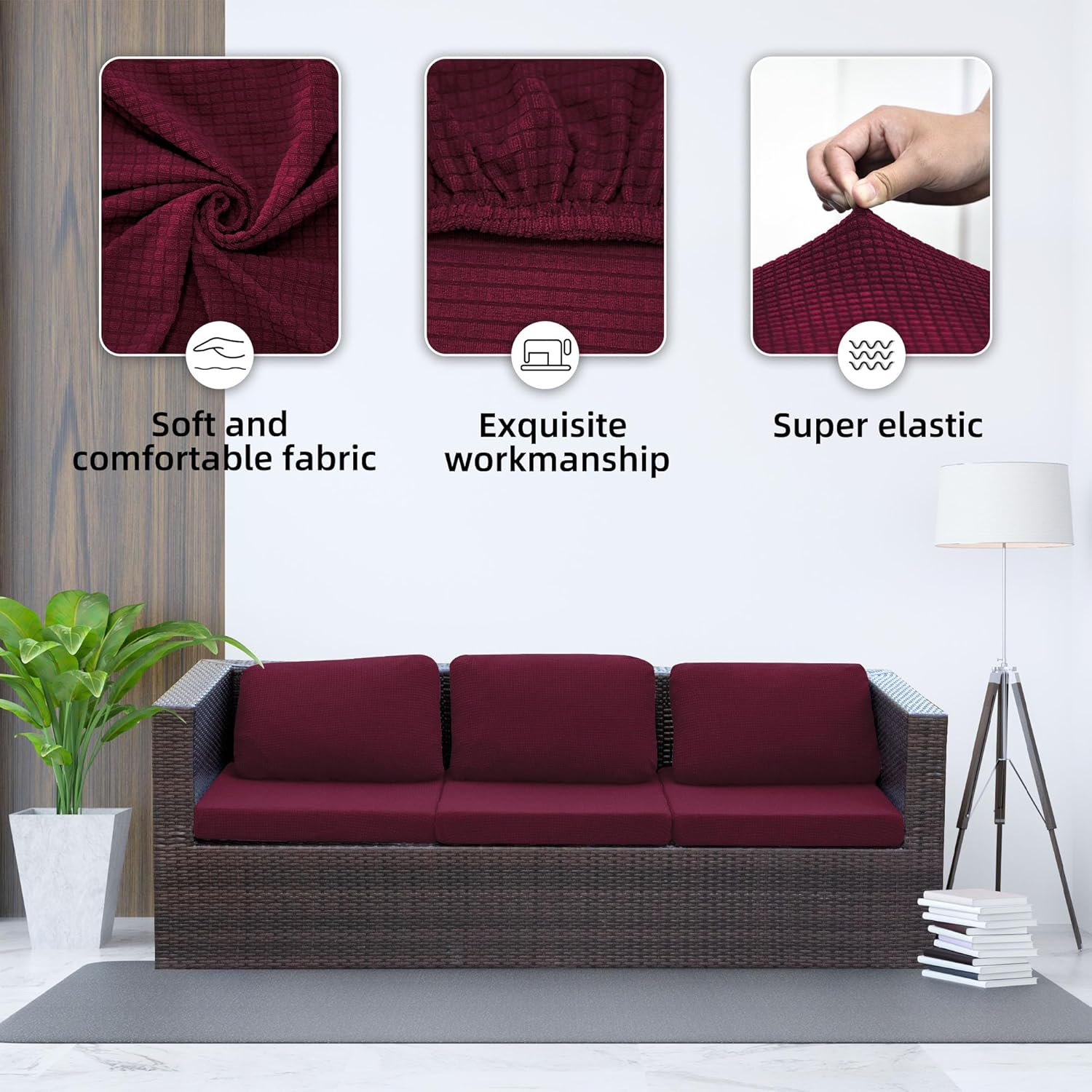 8Pcs Stretch Wine Red Patio Cushion Covers