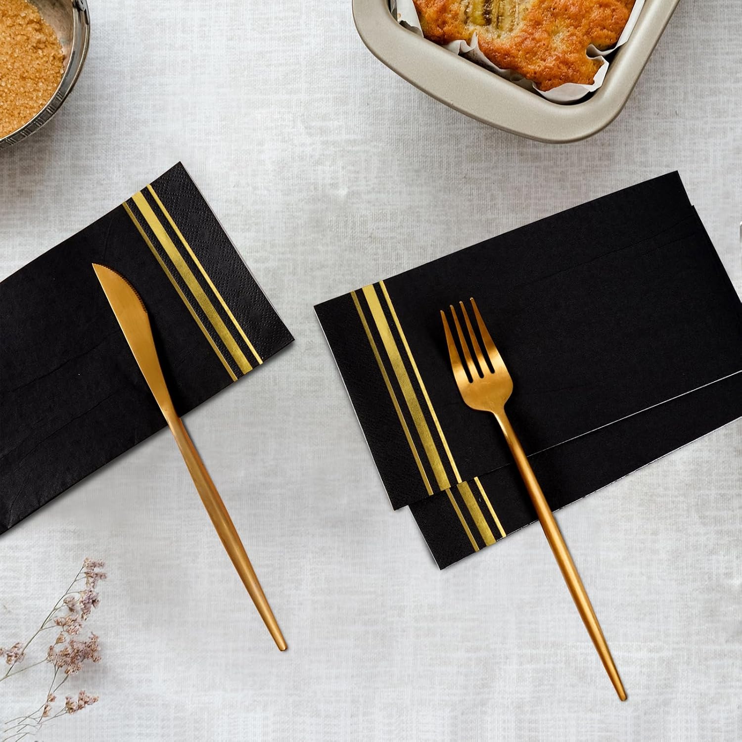 100 Gold Trim Lined Paper Napkins Black Elegant