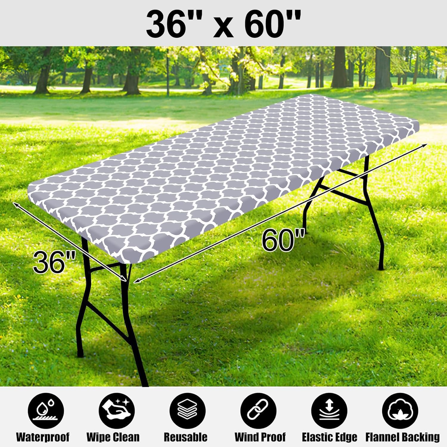 Smiry Rectangle Picnic Table Cover Waterproof Elastic Fit 36x60 Inches Grey