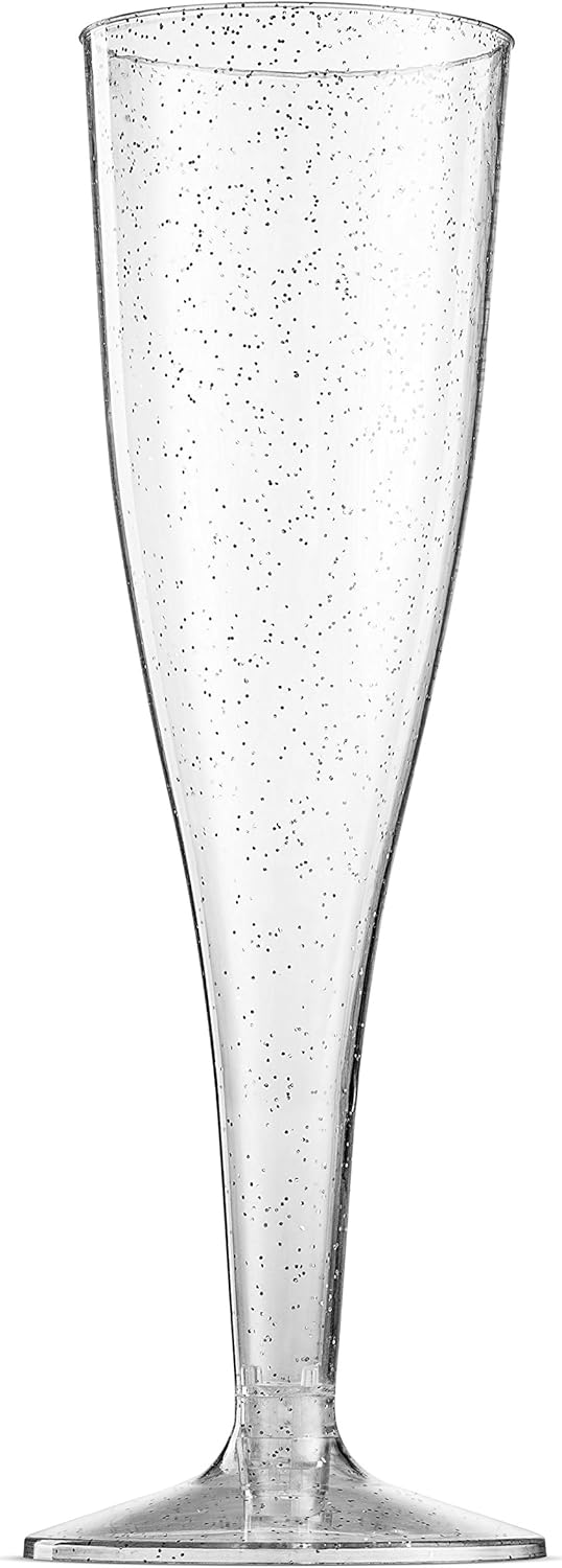 100 Plastic Champagne Flutes 5 Oz Disposable Silver Glitter Glasses for Parties