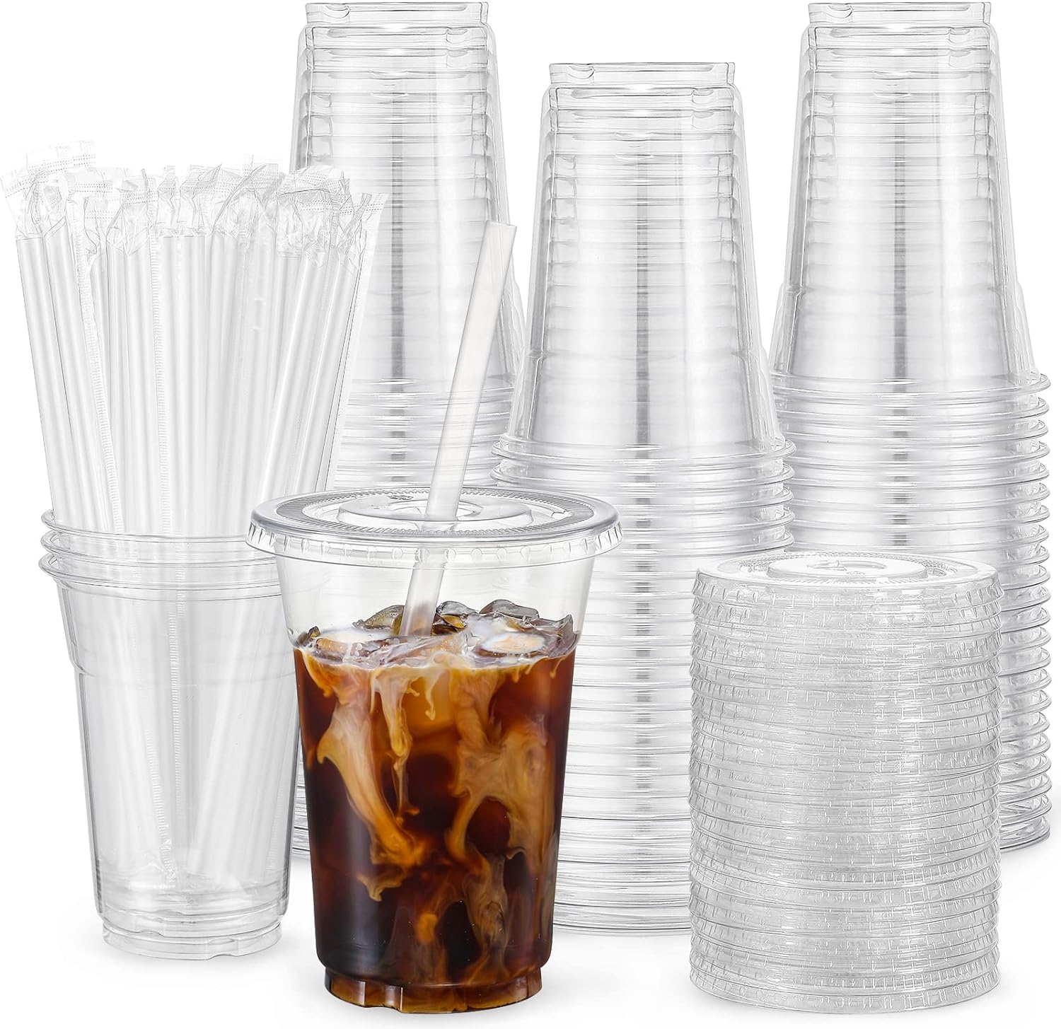 VITEVER 16oz Clear Cups with Lids Straws 100 Sets