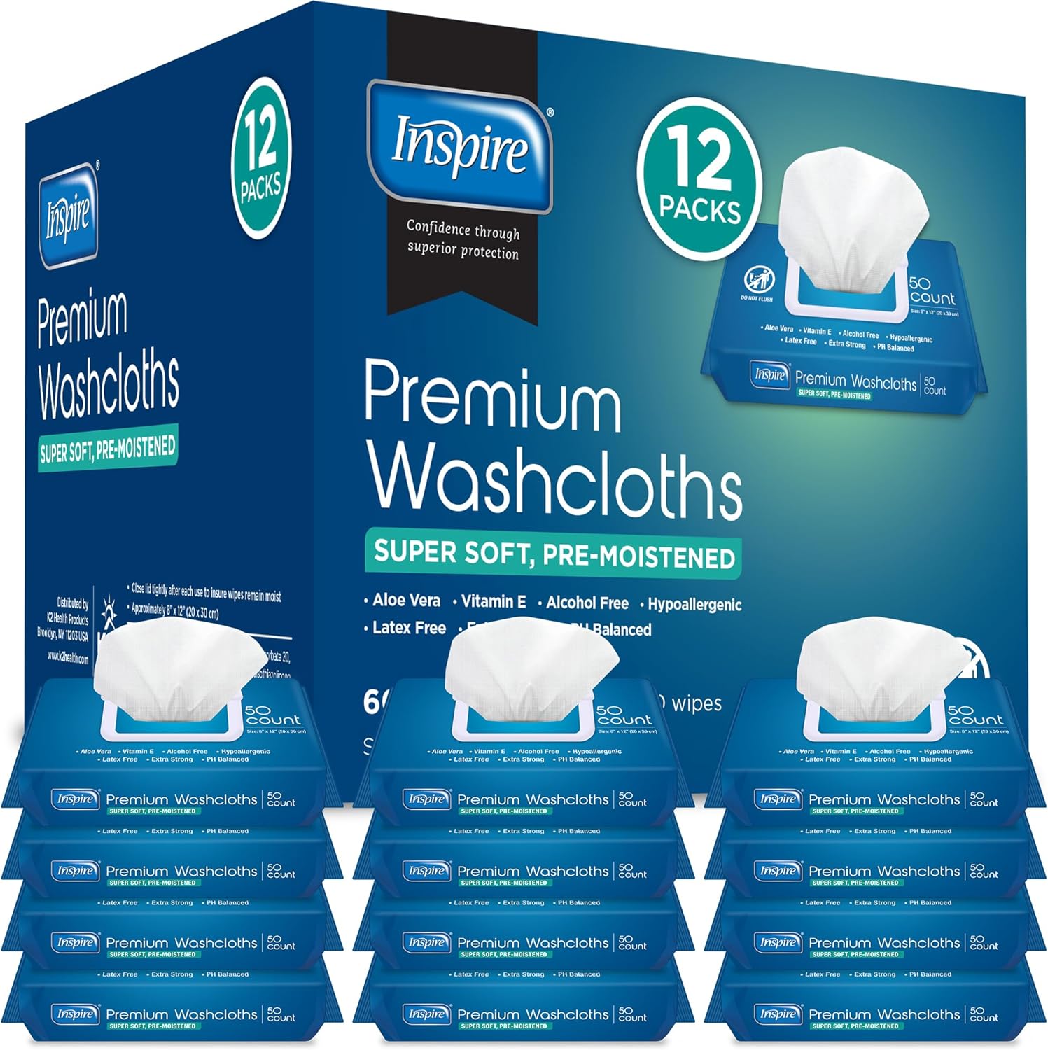 Inspire Adult Wet Wipes 8x12 Inch 12 Packs of 50