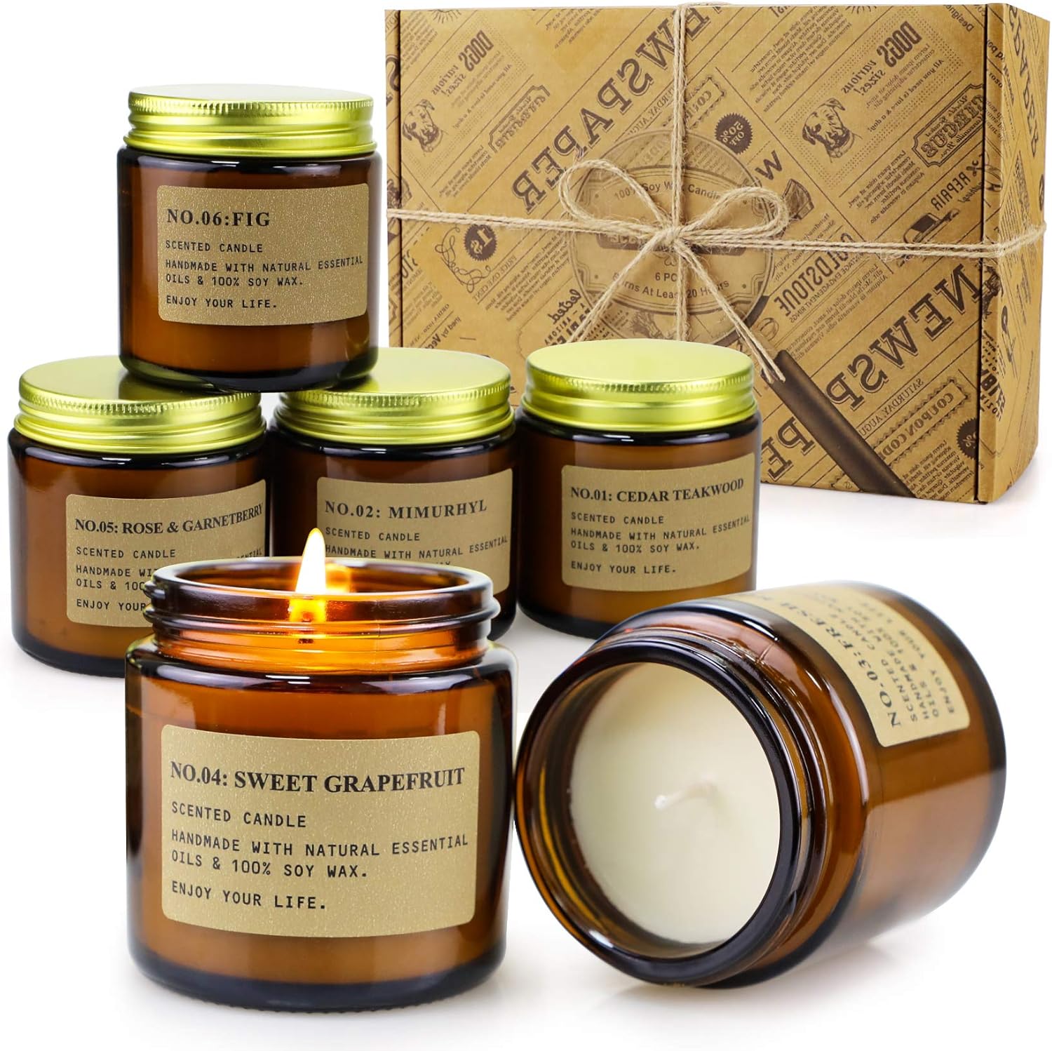 6 Pack Amber Jar Soy Candles Gift Set for Women