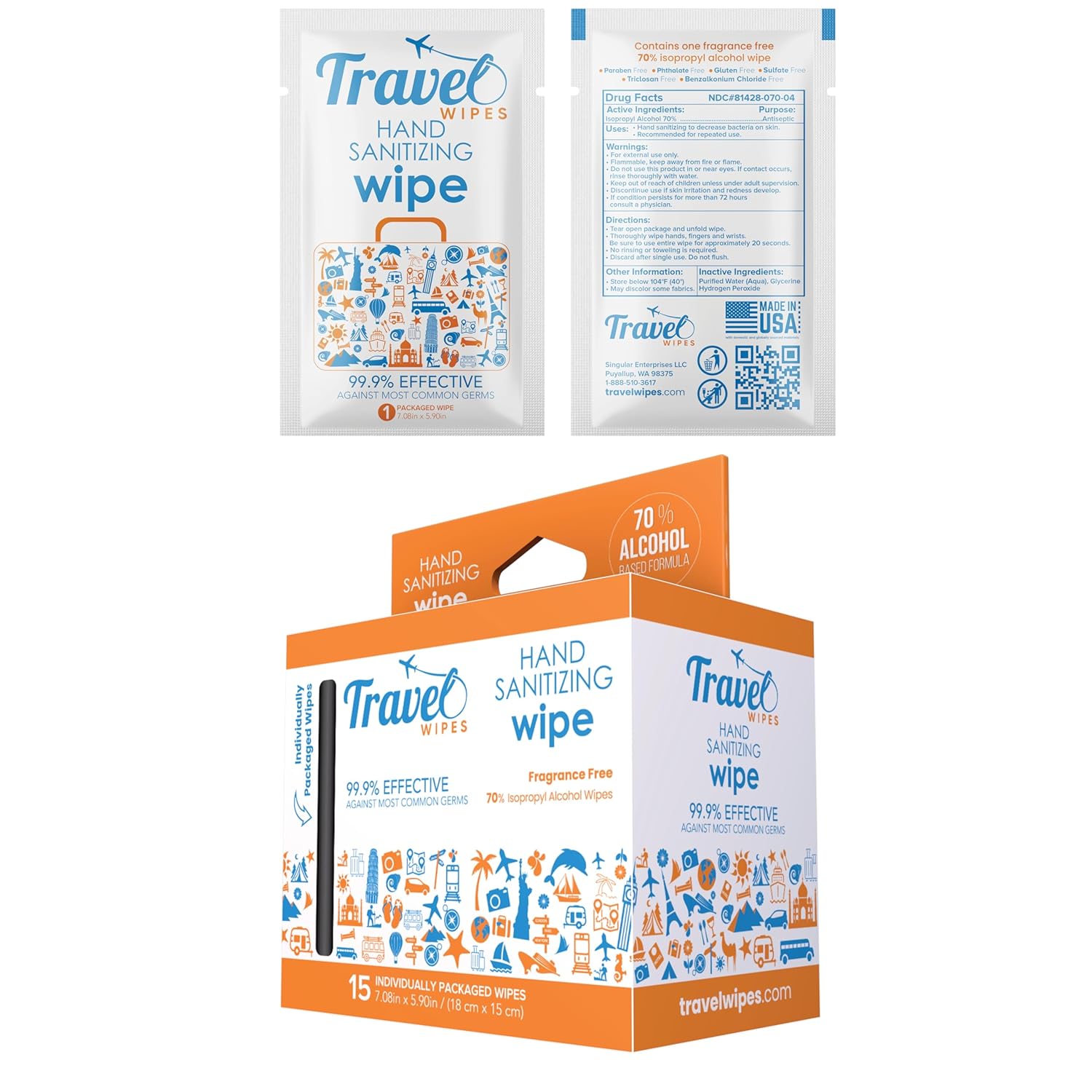 Travel Wipes Hand Sanitizer 15 Count Individually Wrapped