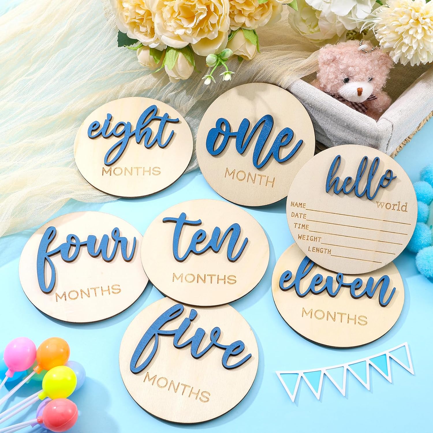 HIYZI 7 Piece Baby Milestone Wooden Signs 1-12 Months