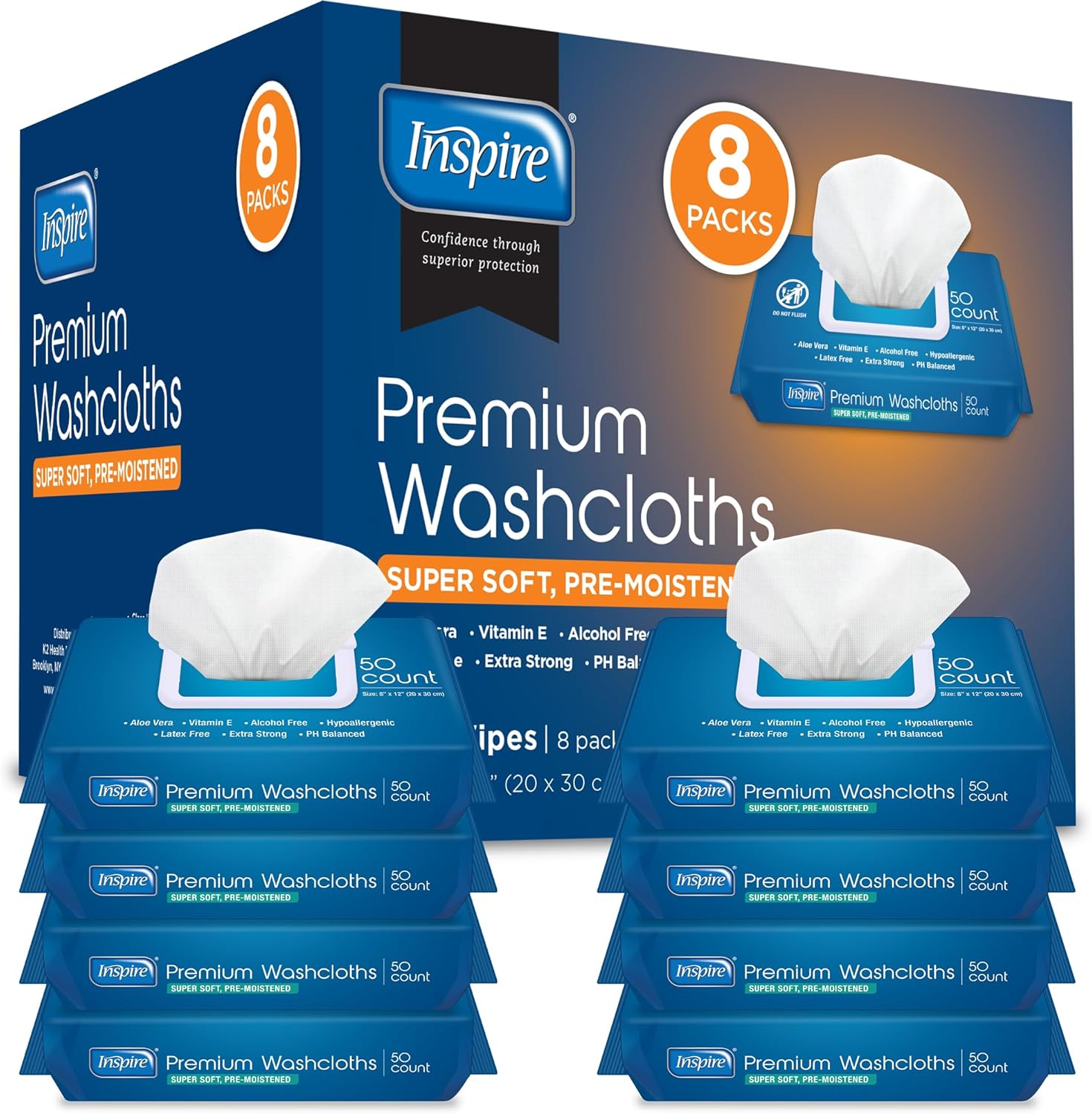 Inspire Adult Wet Wipes Oversized 8x12 Inches Pack of 8